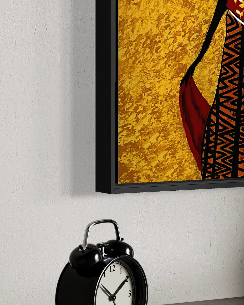 Floating frame detail of African Beauty-Chi BLACK Canvas Originals painting by Sonia Malboeuf, showing float profile.