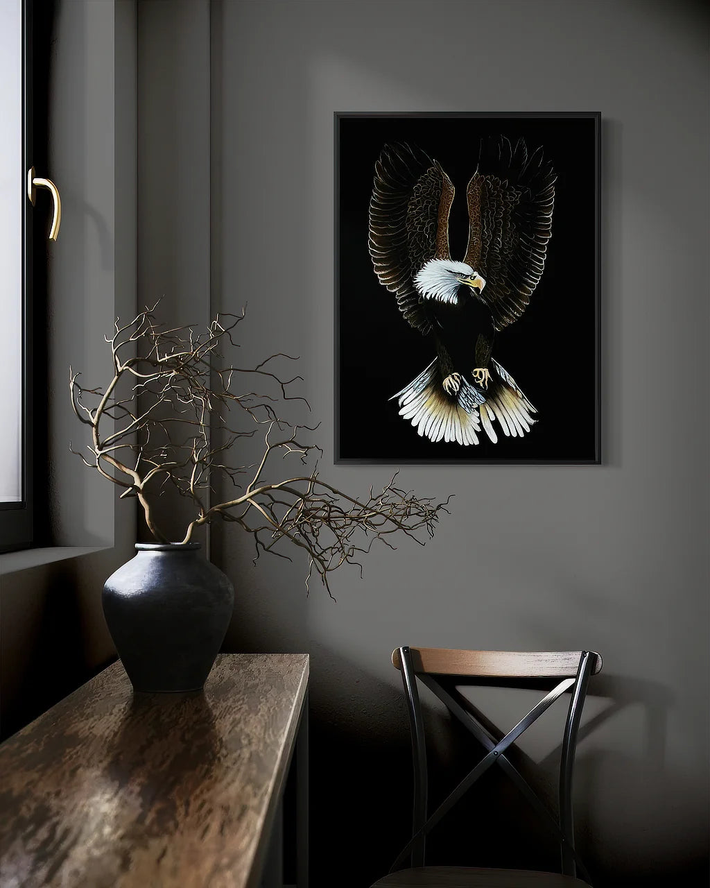 Bald Eagle-Valiant BLACK Canvas Originals painting 24x18 inches by Sonia Malboeuf, in a collector’s home.