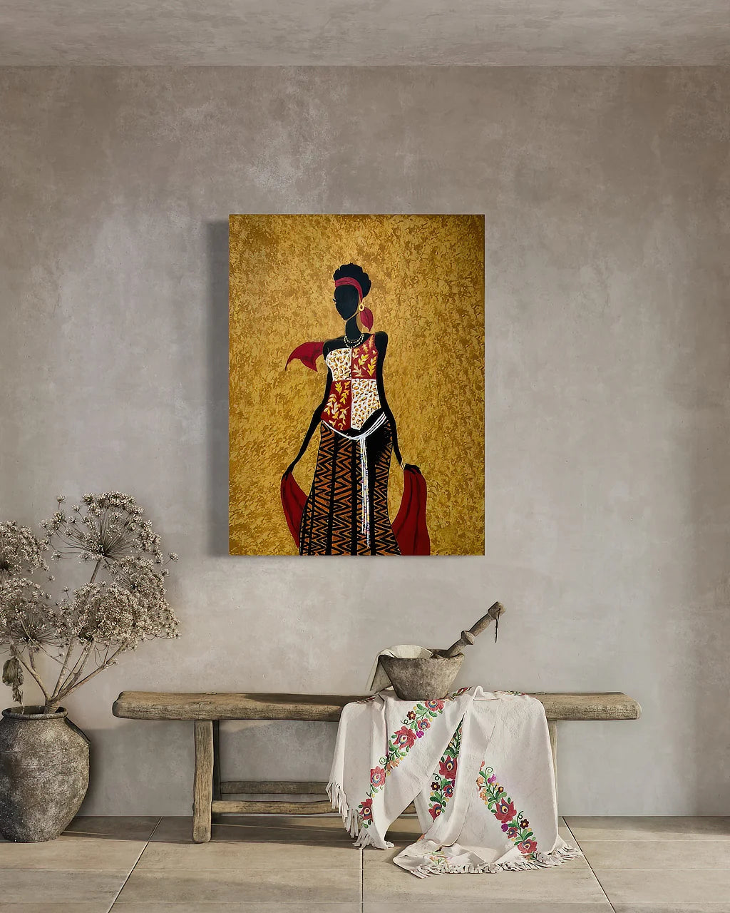 A limited edition contemporary modern art print named-Chi by Sonia Malboeuf hanging in an entrance way over wooden bench | Sonia Malboeuf