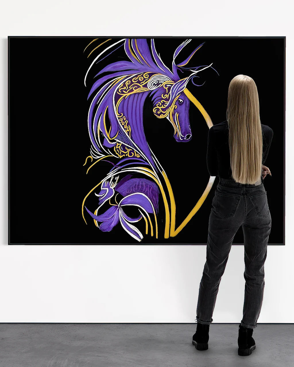 Olivia admiring Becoming Me BLACK Canvas Originals art print framed (54x72 inches), landscape art in gallery.