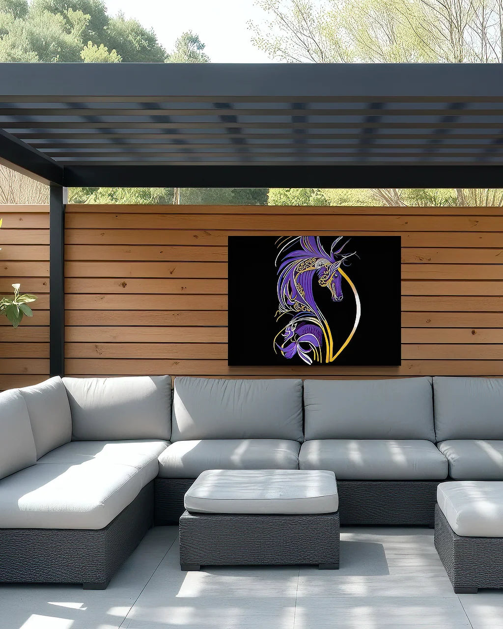 Becoming Me BLACK Canvas Originals Chromaluxe® HD Metal outdoor wall art (36x48 inches), in patio area.