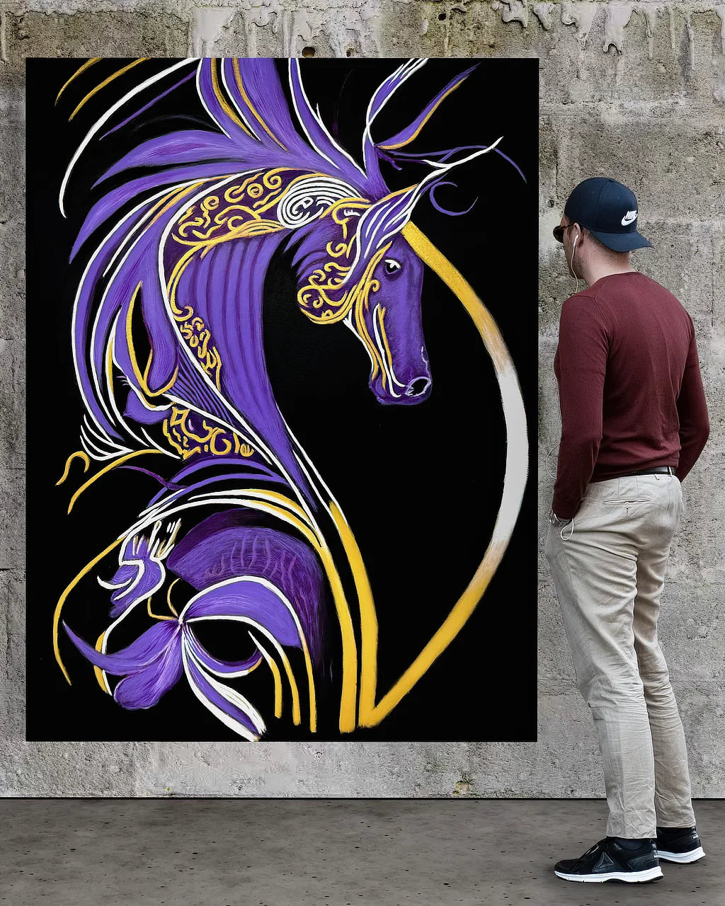 Noah looking at Becoming Me, BLACK Canvas Originals museum wrap art print (72x54 inches), on museum stonewall.