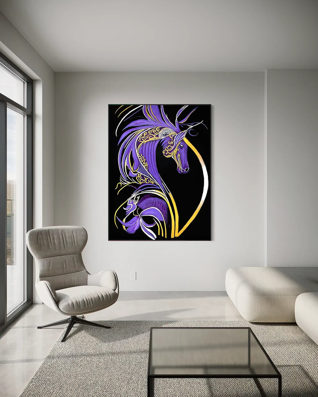 Becoming Me BLACK Canvas Originals art print (72x54 inches), in modern living room.