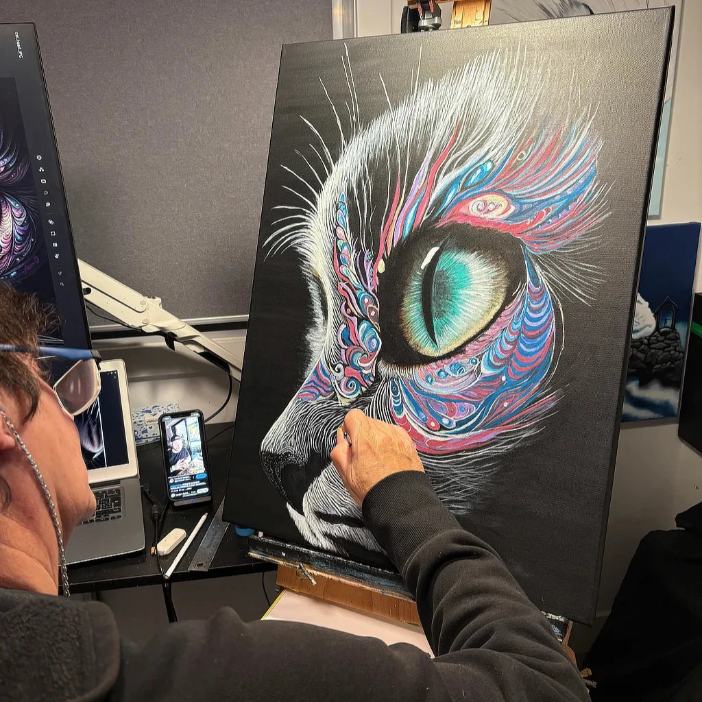 Moonlit Gaze BLACK Canvas Original painting in progress by Sonia Malboeuf in studio.
