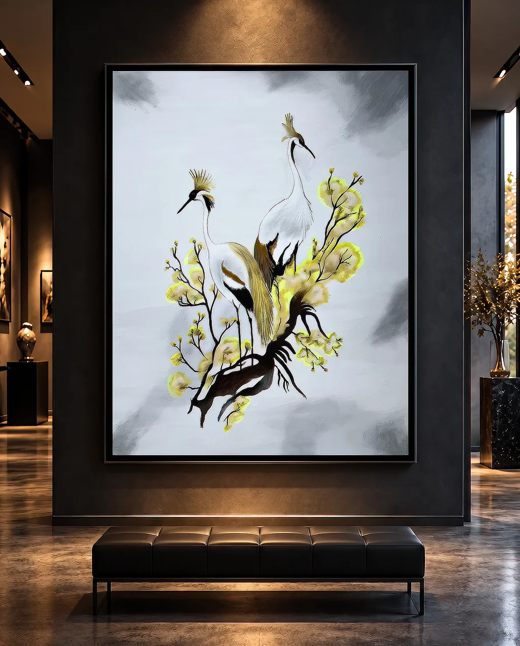 Cranes-Not Talking Whispering Room Originals painting (72x54 inches) by Sonia Malboeuf, gallery exhibition.