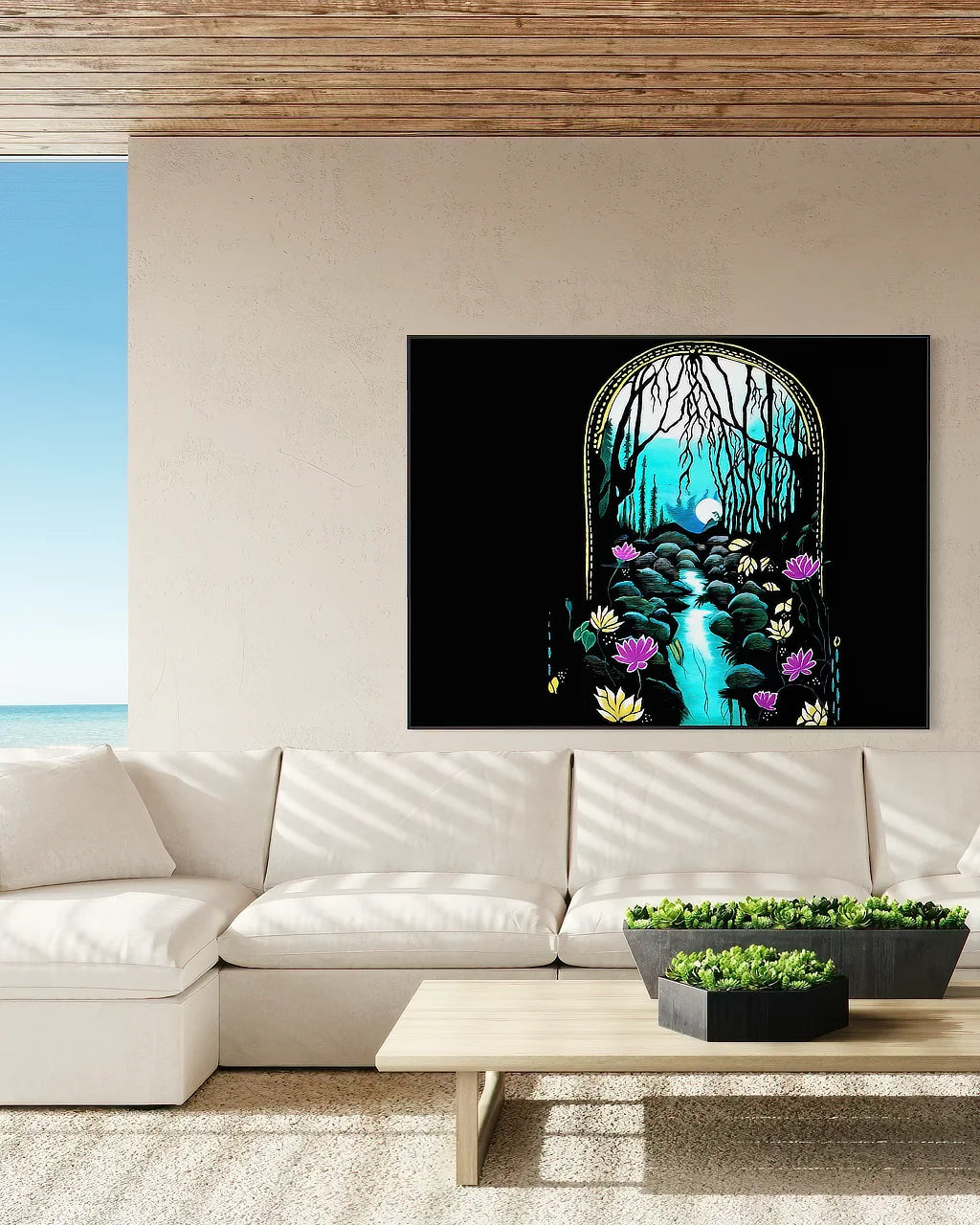 Enchanted Brook BLACK Canvas Originals art print (54x72 inches), landscape statement print in modern living room.