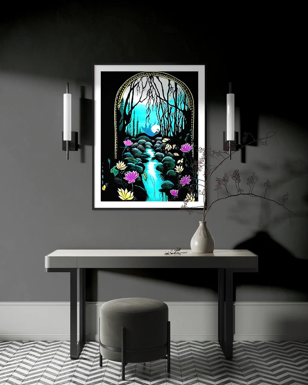 Enchanted Brook BLACK Canvas Originals fine art matte paper print (40x30 inches), in minimalist hallway.