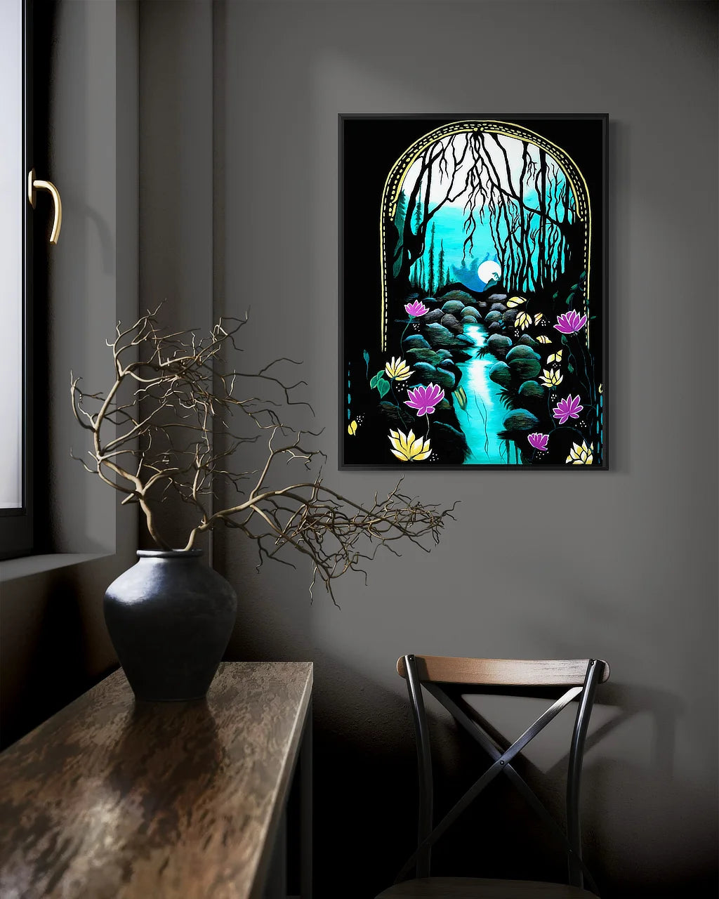 Enchanted Brook BLACK Canvas Originals painting (24x18 inches) by Sonia Malboeuf, in a collector’s home.
