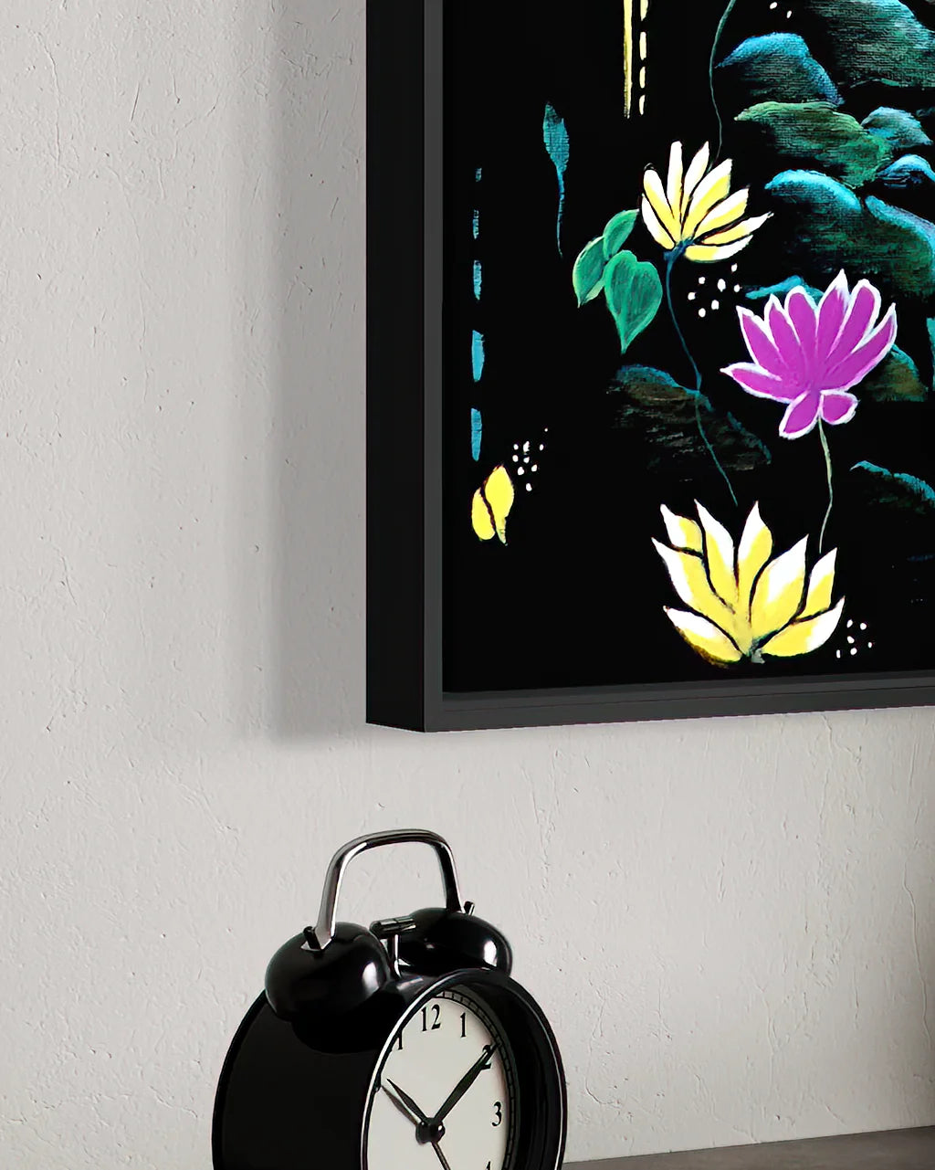 Floating frame detail of Enchanted Brook BLACK Canvas Originals painting by Sonia Malboeuf, showing float profile.