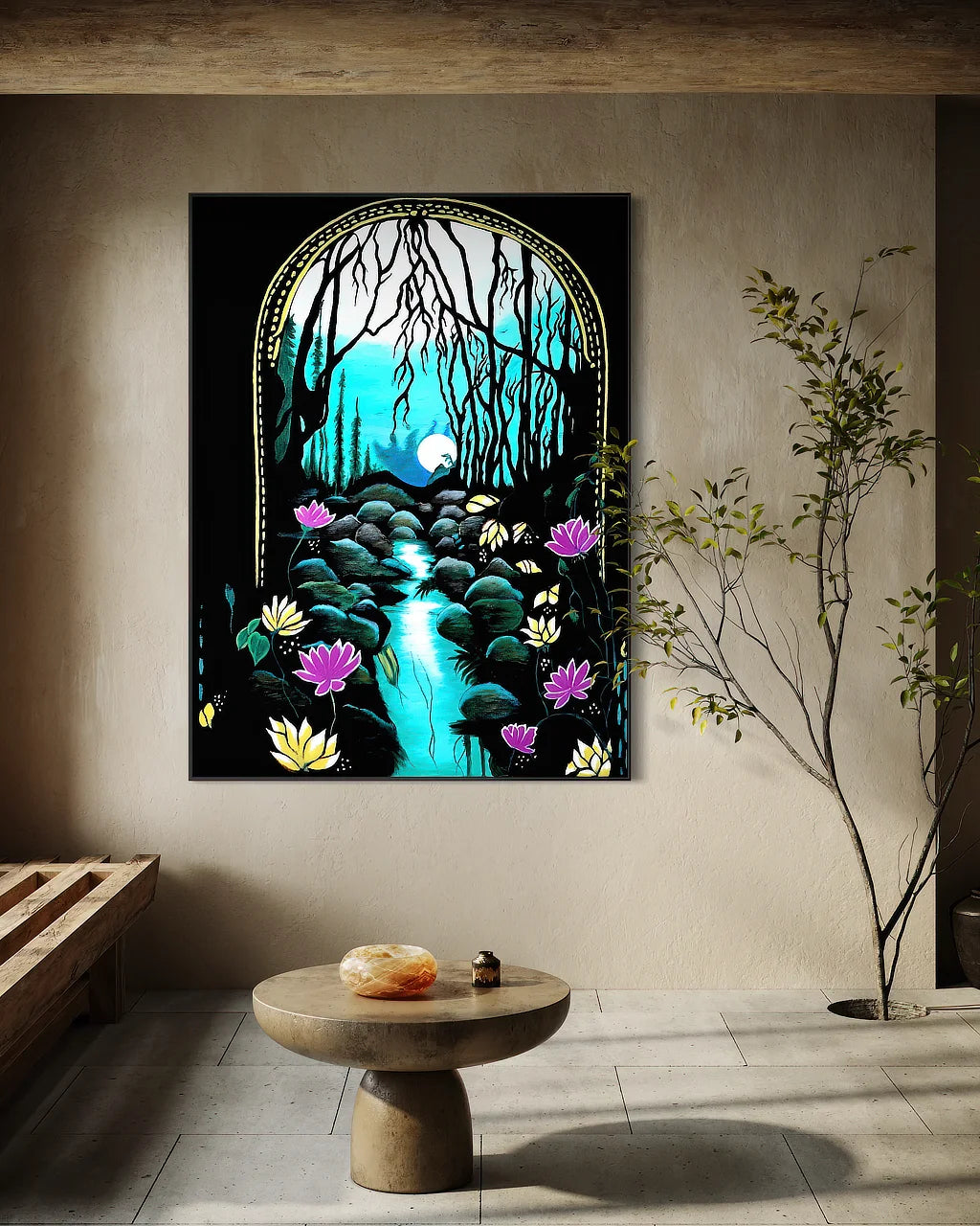 Enchanted Brook BLACK Canvas Originals art print in black floating frame (72x54 inches), displayed in modern residential living room.