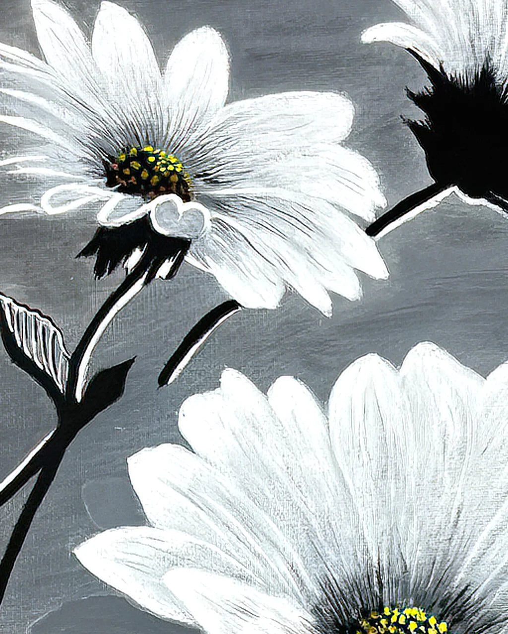 Macro detail of In the Wind original painting showing textured brushwork and layered acrylic around the flower centre.