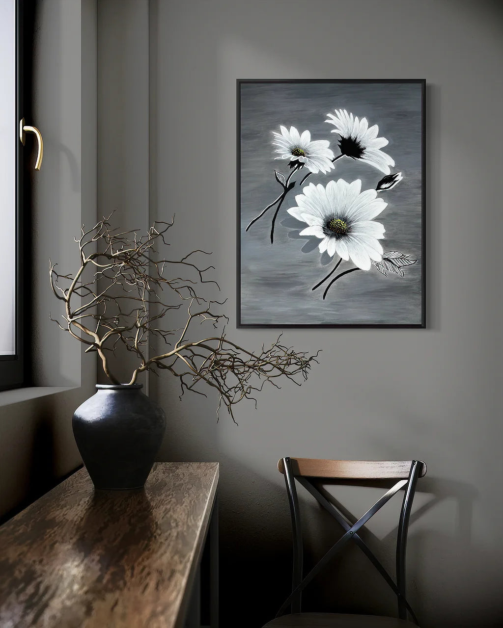 In the Wind original painting by Sonia Malboeuf in black floating frame displayed in a collector’s home.