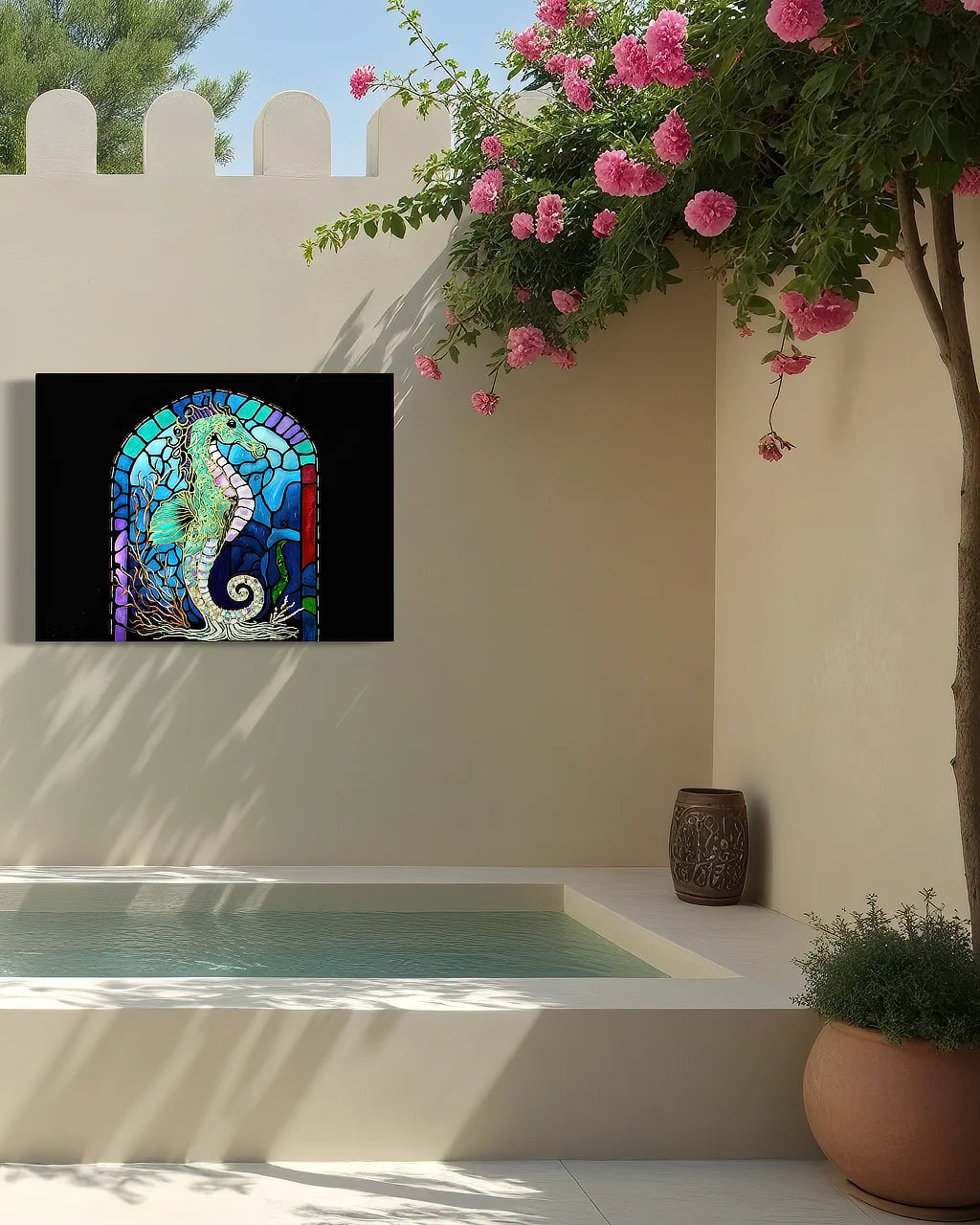 Keeper of the Blue Realm BLACK Canvas Originals Chromaluxe® HD Metal outdoor wall art (36x48 inches), in patio area.