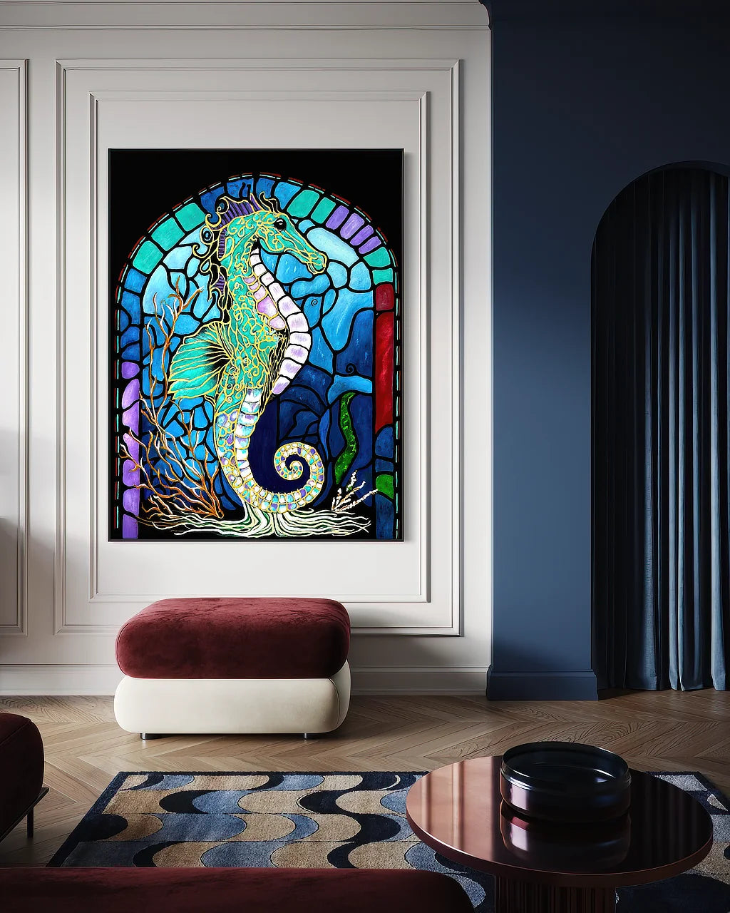 Keeper of the Blue Realm BLACK Canvas Originals art print (72x54 inches), in modern living room.
