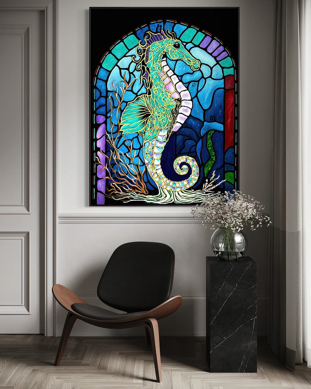 Keeper of the Blue Realm BLACK Canvas Originals canvas art print (60x45 inch), in hallway with marble pedestal table.