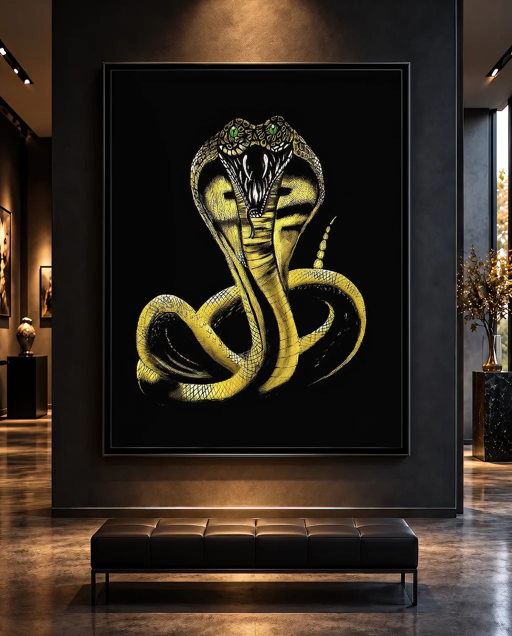 King Cobra-Venom BLACK Canvas Originals painting (72x54 inches) by Sonia Malboeuf, gallery exhibition.