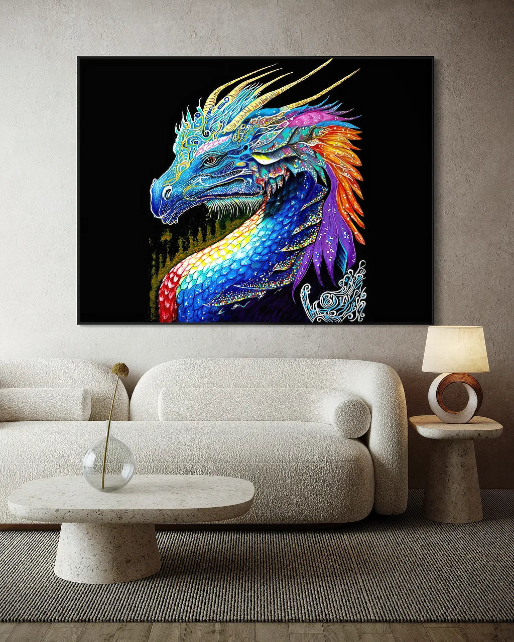 The Guardian, BLACK Canvas Original 54x72 floating frame landscape statement art displayed in modern living room.