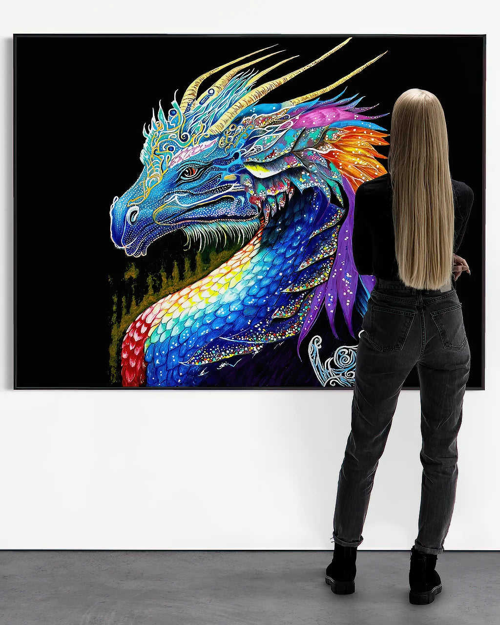 Olivia looking at The Guardian BLACK Canvas Original framed (54x72 inch), landscape statement art in gallery interior.