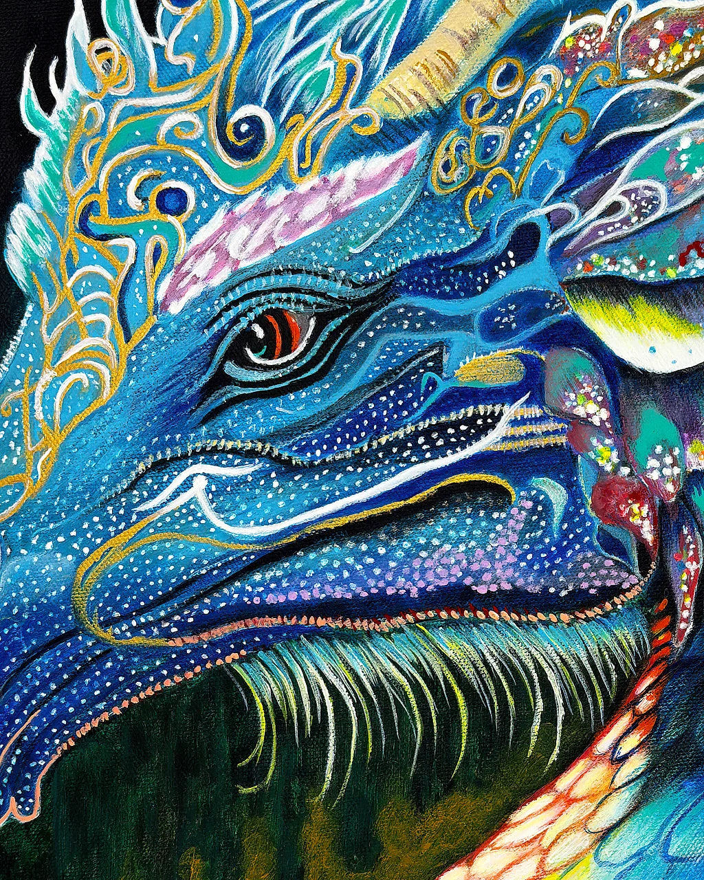 Macro detail of The Guardian BLACK Canvas Originals painting by Sonia Malboeuf, close-up brushwork detail.