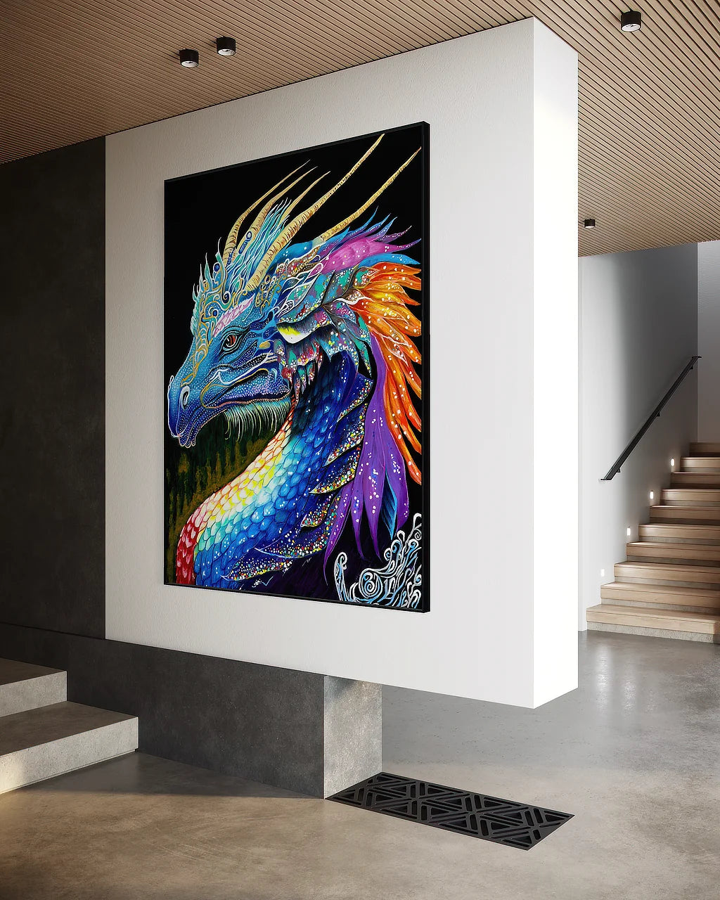 The Guardian BLACK Canvas Originals art print in black floating frame (72x54 inches), displayed in modern architectural reception space.