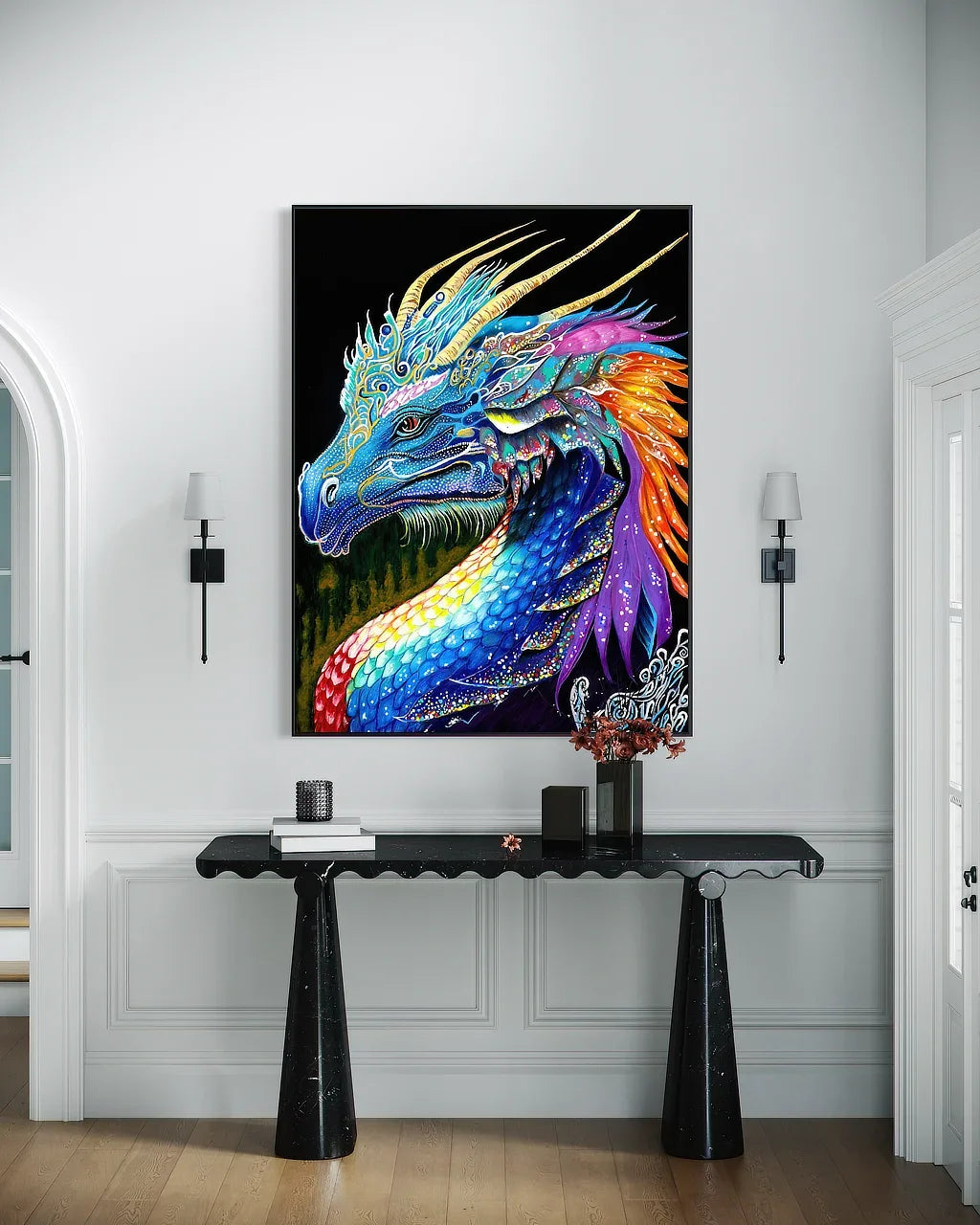 The Guardian canvas art print (60x45 inch) in black floating frame, displayed above modern console table in elegant contemporary interior