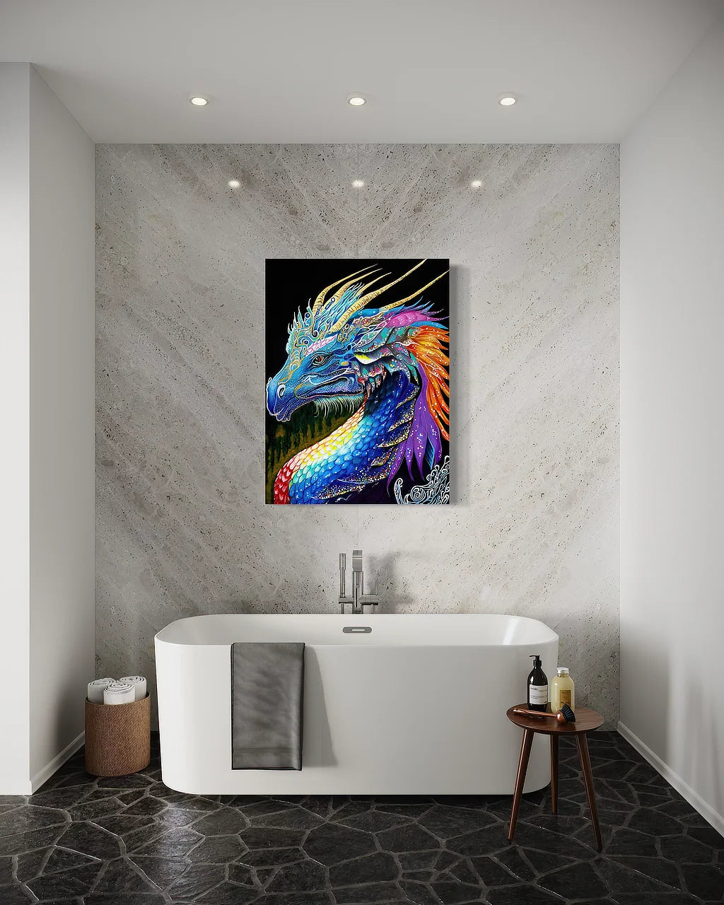 The Guardian BLACK Canvas Originals Chromaluxe® HD Metal (48x36 inch) indoor/outdoor wall art, displayed on marble bathroom wall.
