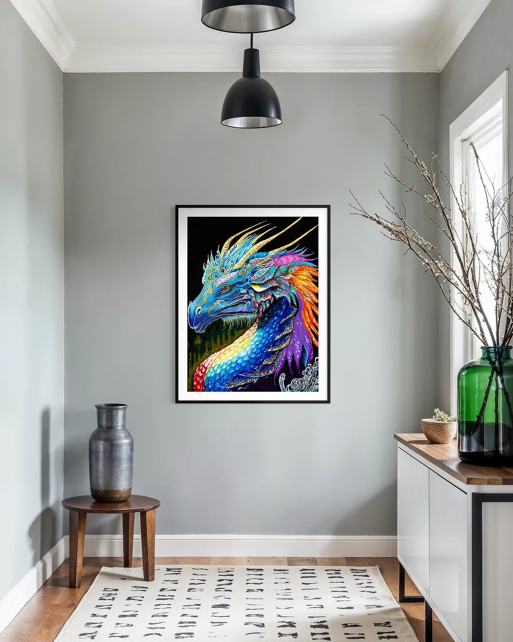 The Guardian dragon artwork displayed as a museum-style fine art matte paper print 40x30 with white 2" border and modern black frame in a minimalist interior.