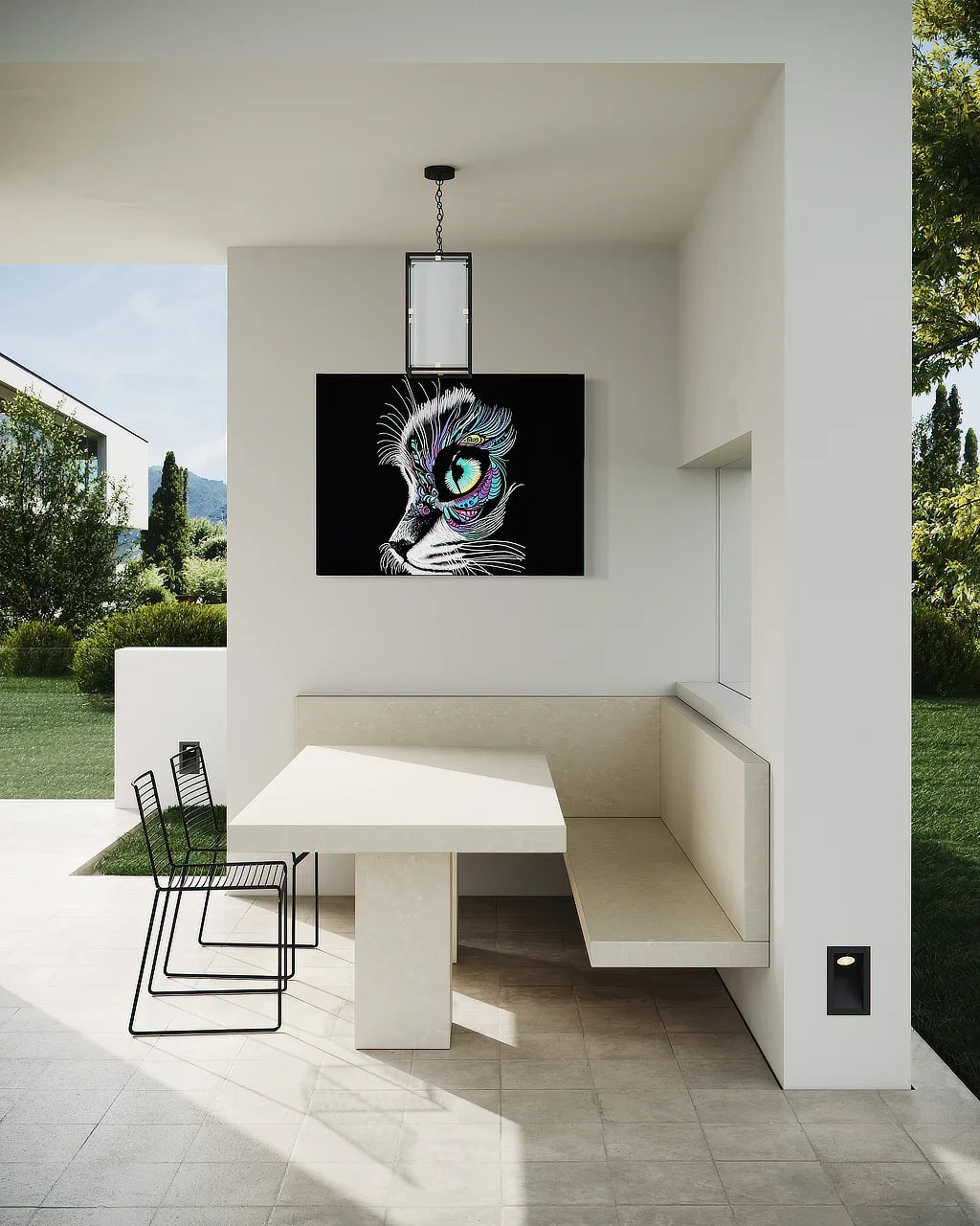 Moonlit Gaze BLACK Canvas Originals Chromaluxe® HD Metal indoor/outdoor wall art (36x48 inches), in patio area.