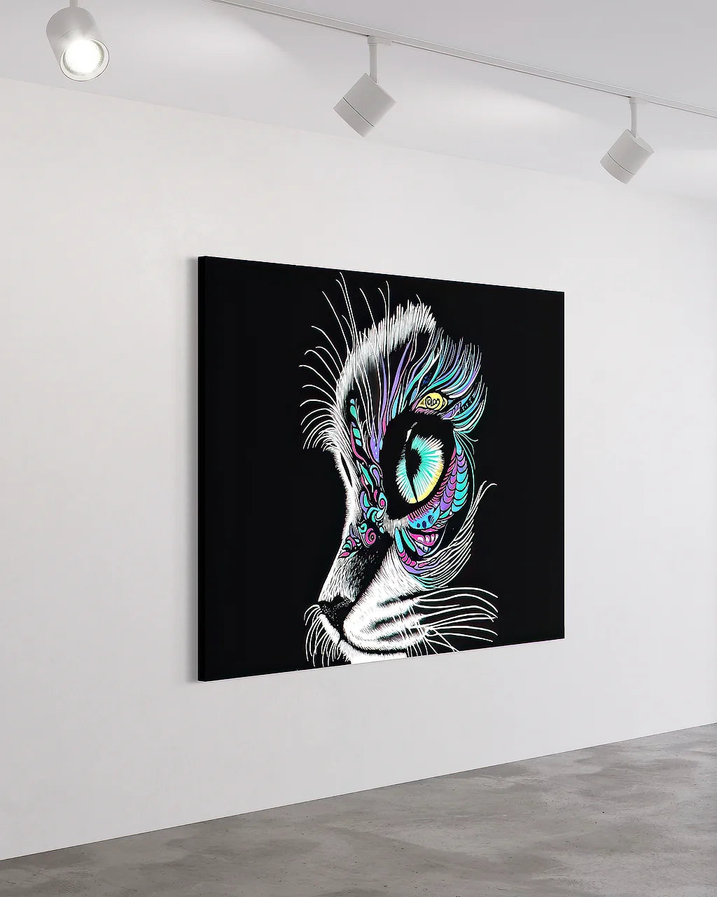 Moonlit Gaze BLACK Canvas Originals museum wrap art print (54x72 inches), on studio wall.