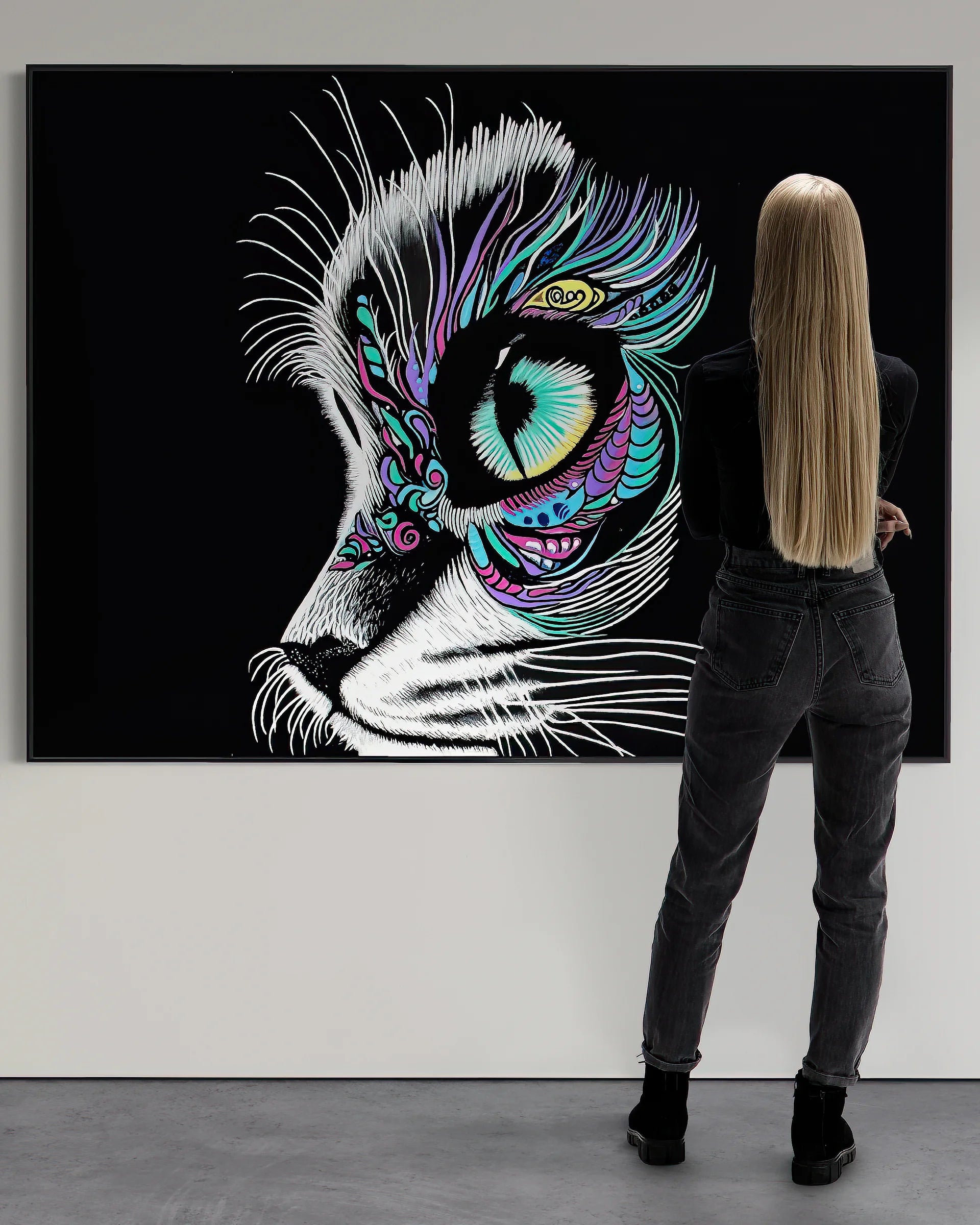 Olivia looking at Moonlit Gaze 54x72 BLACK Canvas Original framed landscape statement art in gallery interior.