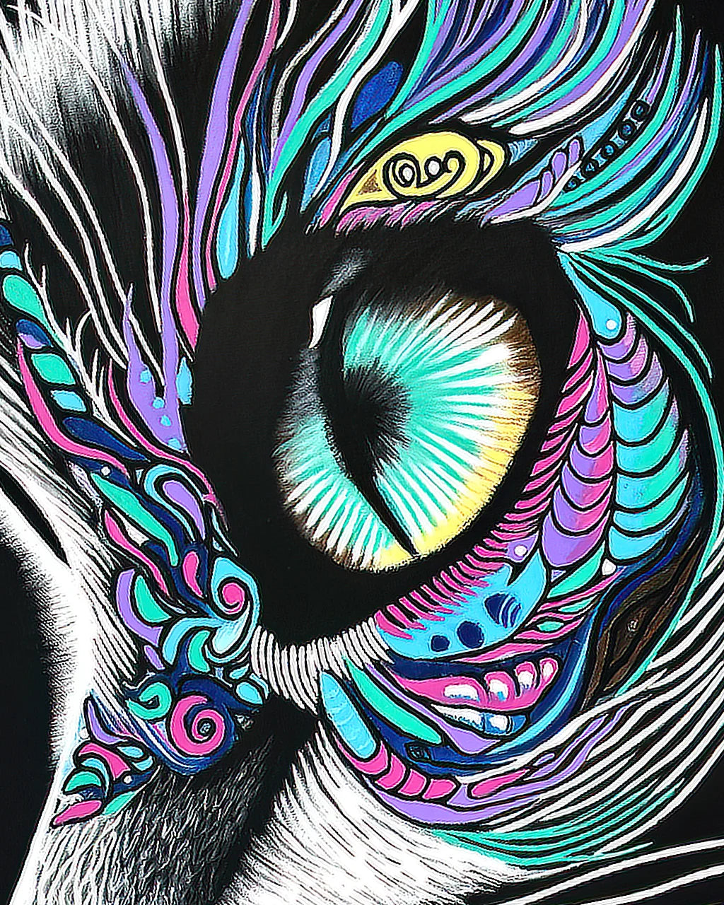 Close-up detail of Moonlit Gaze artwork highlighting intricate brushwork, luminous eye and vibrant hand-painted fantasy textures.