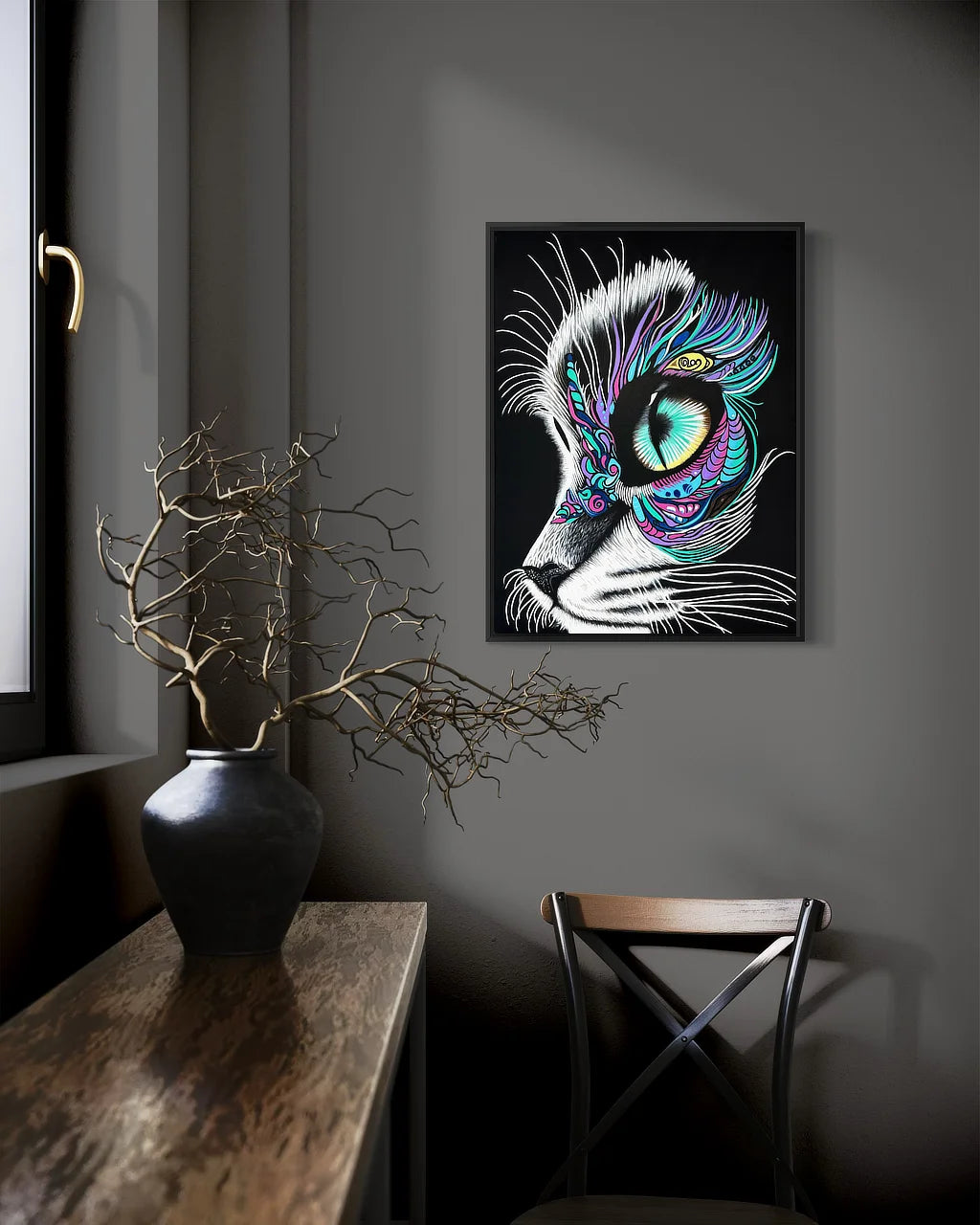 Moonlit Gaze BLACK Canvas Originals painting 24x18 inches by Sonia Malboeuf, in a collector’s home.