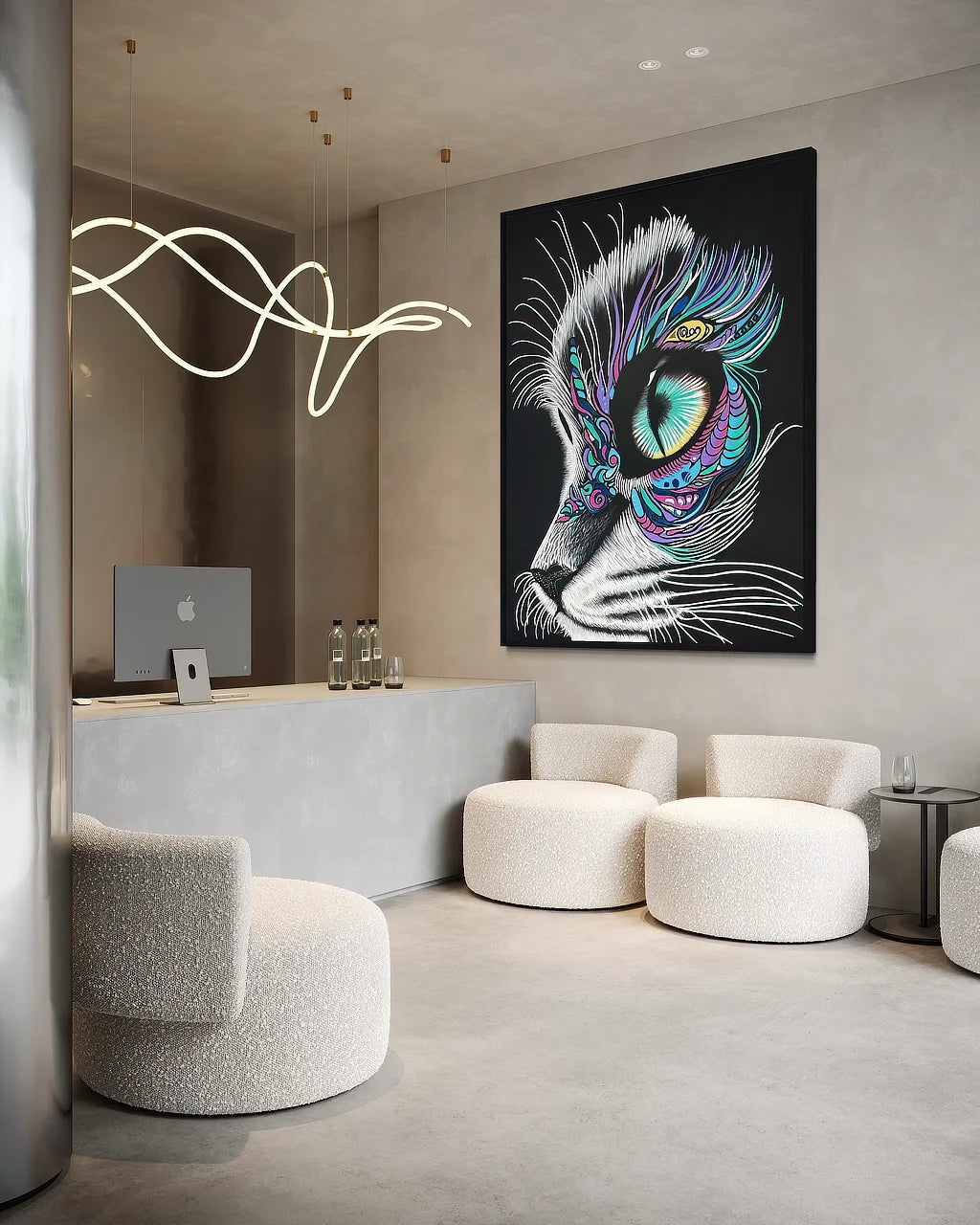 Moonlit Gaze 72x54 BLACK Canvas Original art print displayed in modern architectural reception space