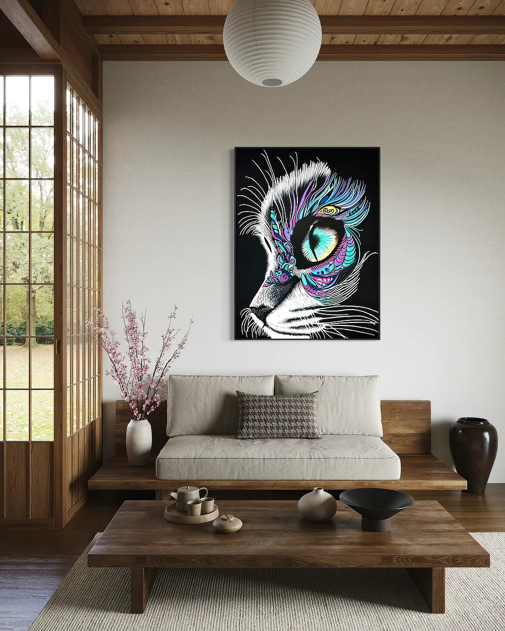 Moonlit Gaze canvas art print 60x45 inch in black floating frame shown straight-on above a wooden sofa in a serene Japanese-style interior.