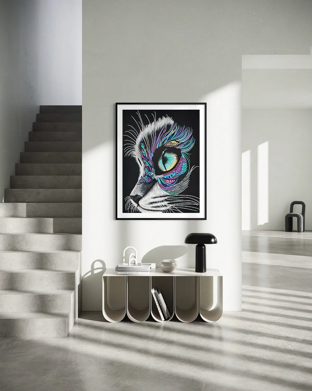 Moonlit Gaze 40x30 fine art matte paper print in thin black gallery frame with white border, staged in minimalist hallway.