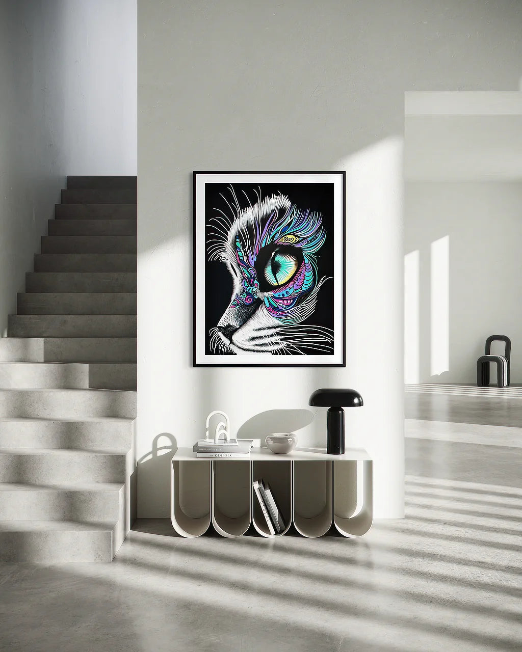 Moonlit Gaze 40x30 fine art matte paper print in thin black gallery frame with white border, staged in minimalist hallway.