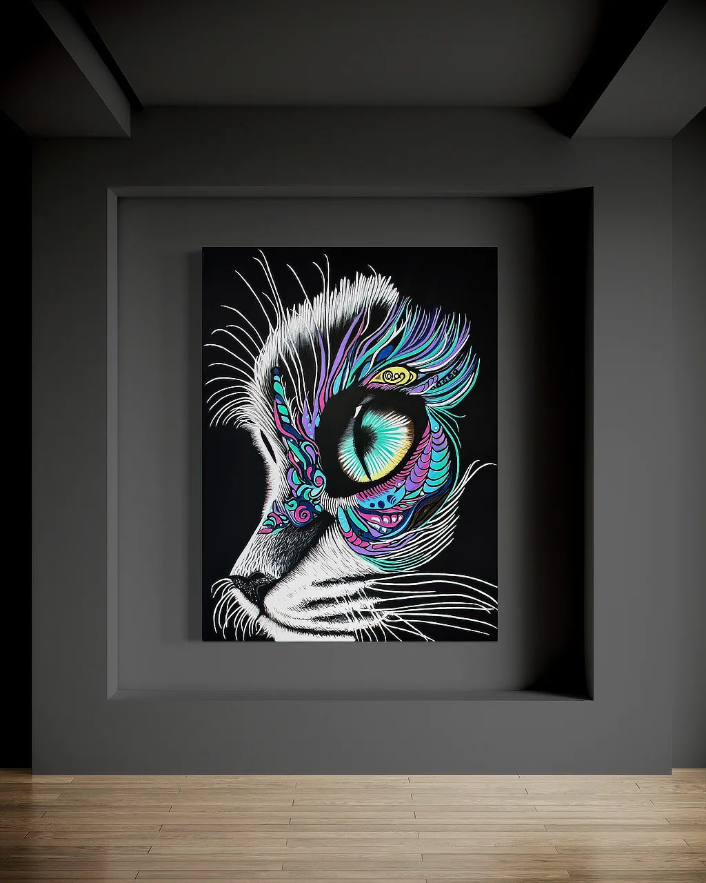 Moonlit Gaze BLACK Canvas Originals painting (72x54 inches) by Sonia Malboeuf, gallery exhibition.