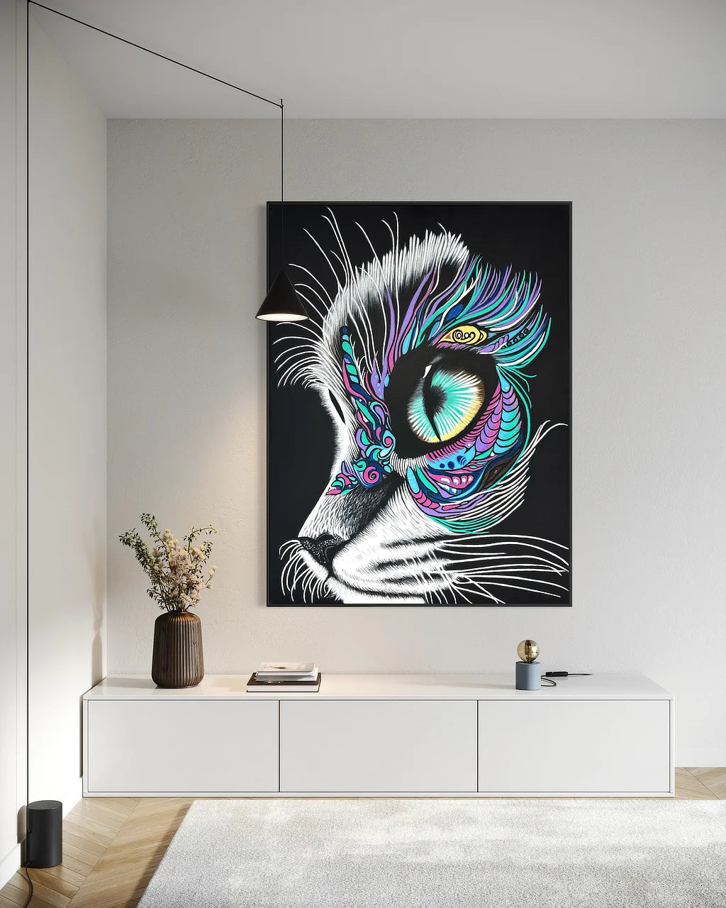 Colorful abstract cat painting by Sonia Malboeuf on a wall in a modern interior setting.