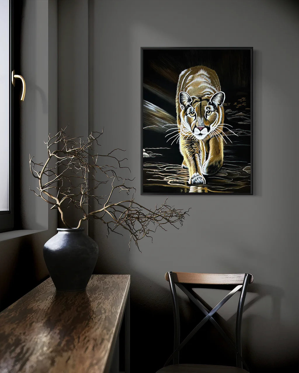 Mountain Lion-Kojo BLACK Canvas Originals painting 24x18 inches by Sonia Malboeuf, in a collector’s home.