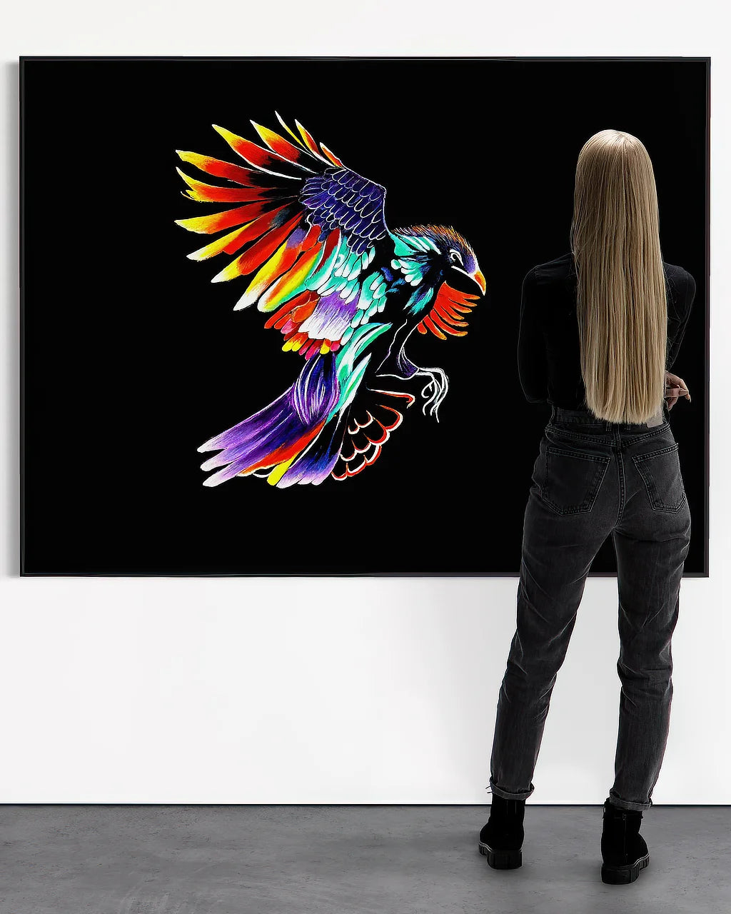 Olivia looking at Moonlit Gaze BLACK Canvas Originals framed (54x72 inch), landscape statement art in gallery.