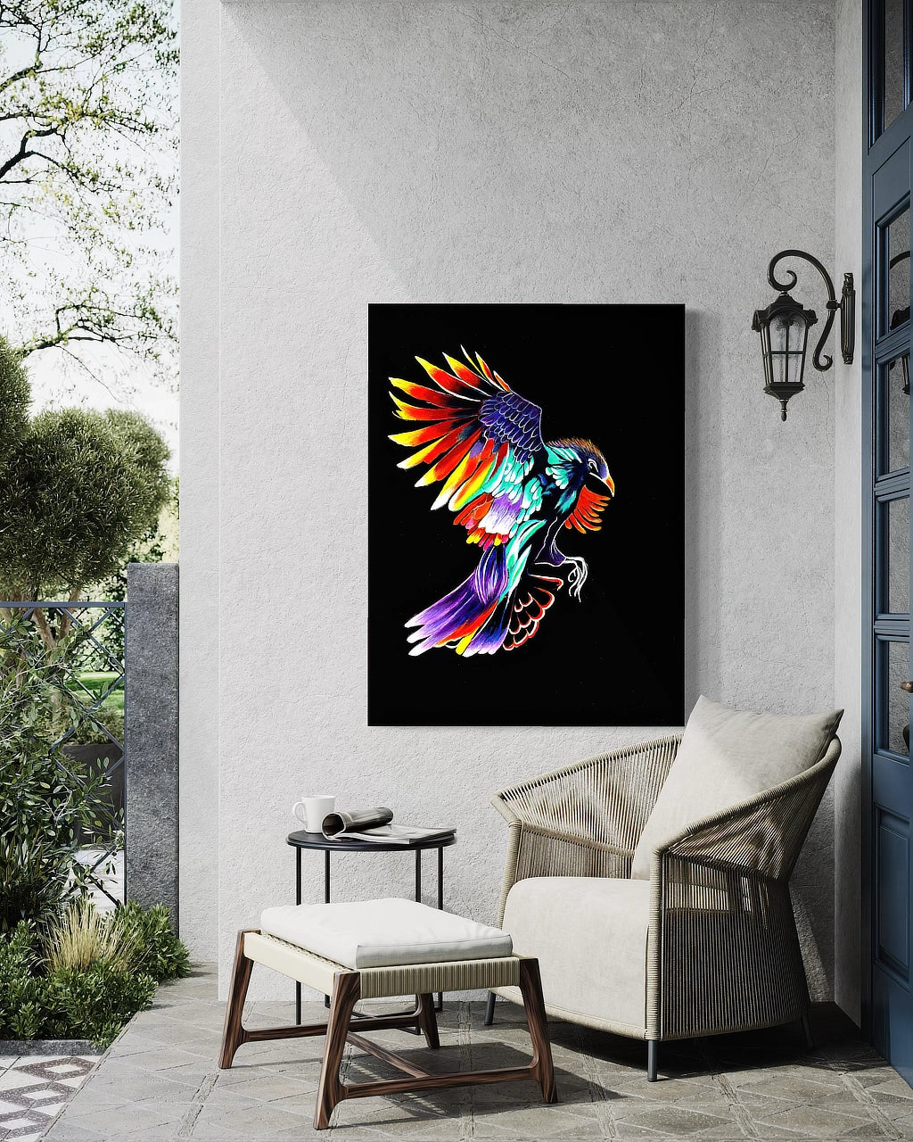 Rise Up BLACK Canvas Originals Chromaluxe® HD Metal (48x36 inch) indoor/outdoor wall art, displayed on outdoor porch wall.