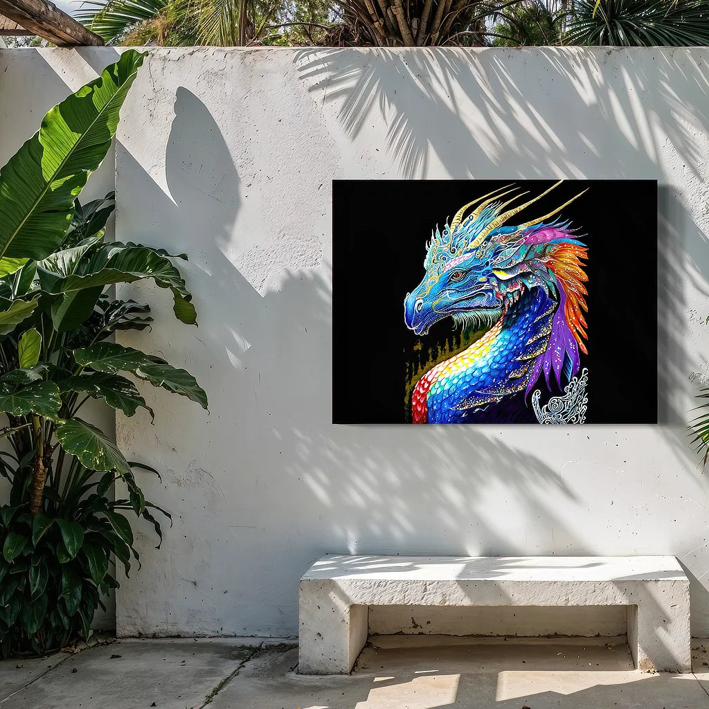 The Guardian BLACK Canvas Originals Chromaluxe® HD Metal indoor/outdoor wall art (36x48 inches), in patio space.