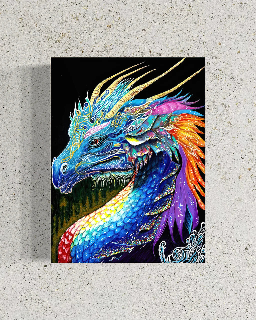 The Guardian BLACK Canvas Originals painting (24x18 inches) by Sonia Malboeuf, close studio view.