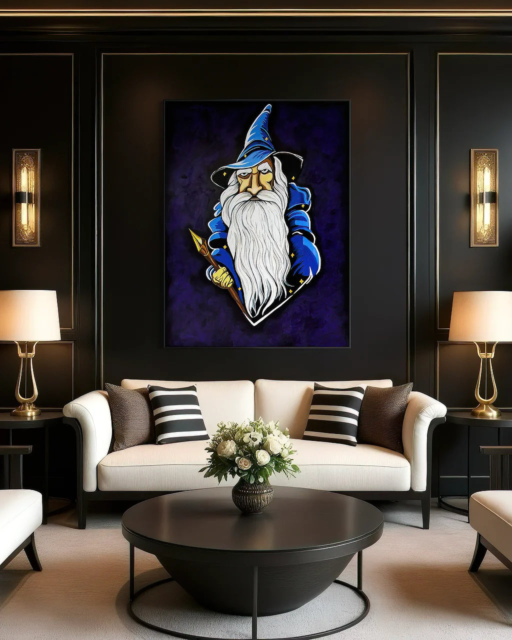 The Last Wizard BLACK Canvas Originals art print in black floating frame (72x54 inches), displayed in modern living room .