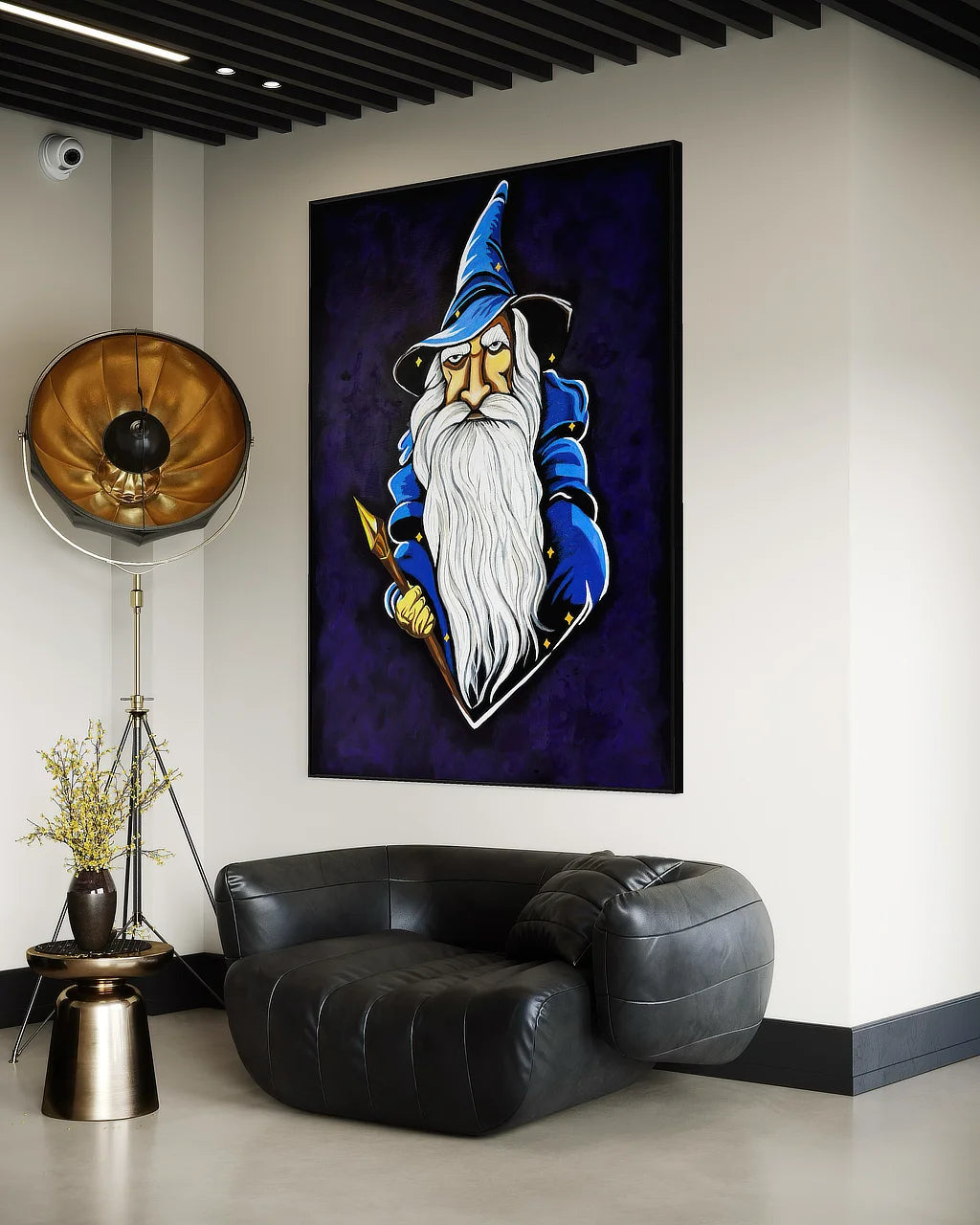 The Last Wizard BLACK Canvas Originals art print in black floating frame (72x54 inches), in modern reception space.