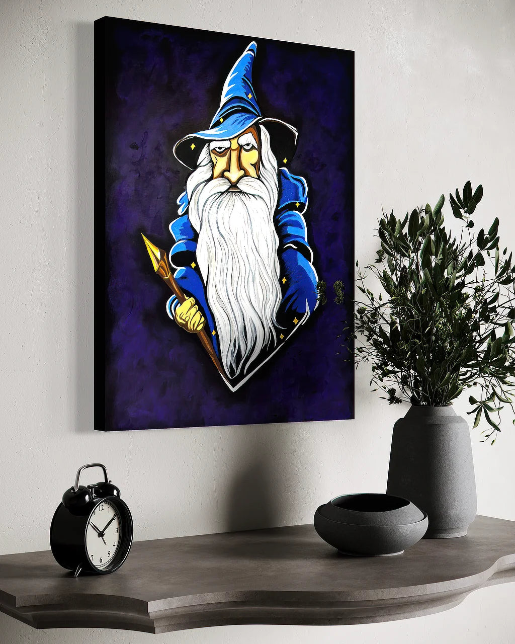 The Last Wizard BLACK Canvas Originals museum wrap art print (24x18 inches), showing black finished edge detail.