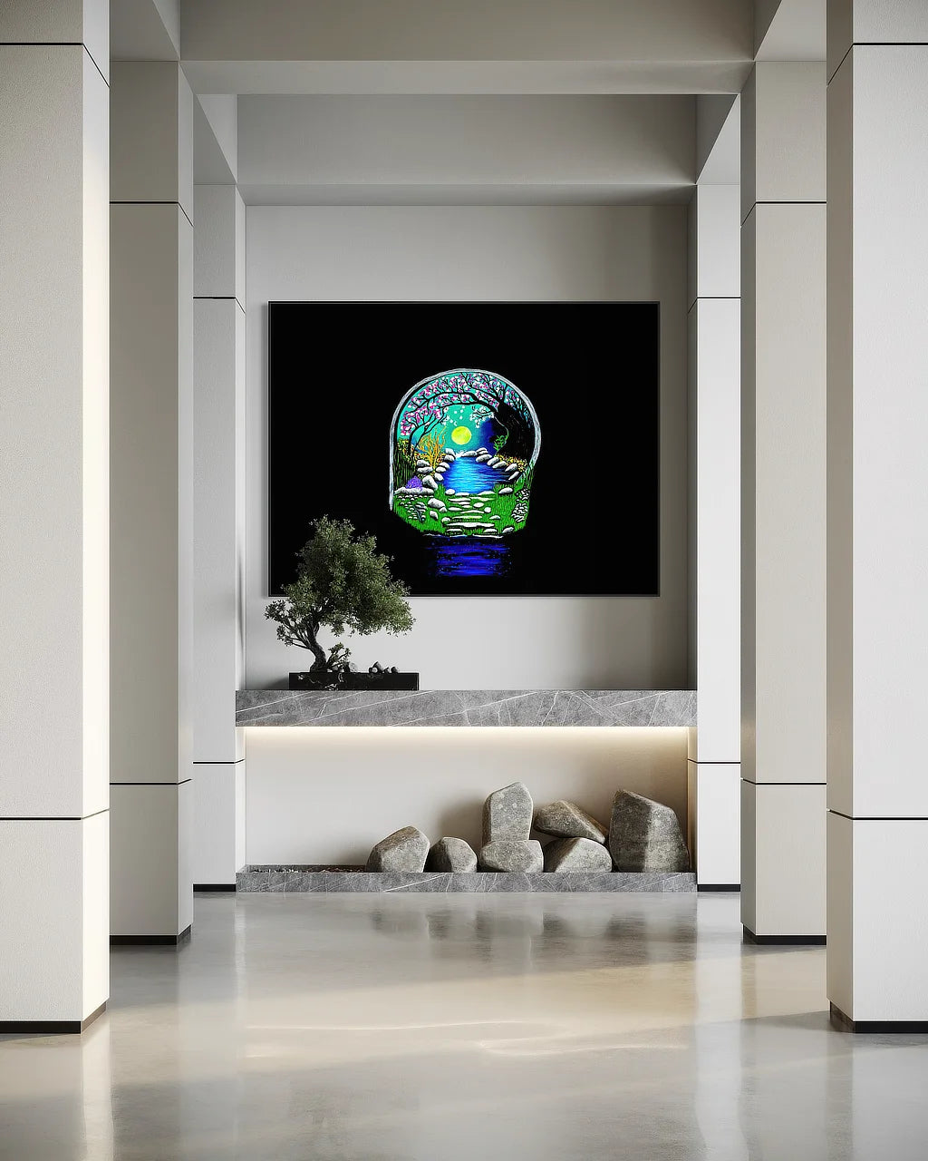 The Secret Crossing BLACK Canvas Originals art print (54x72 inches), landscape statement print in lobby.