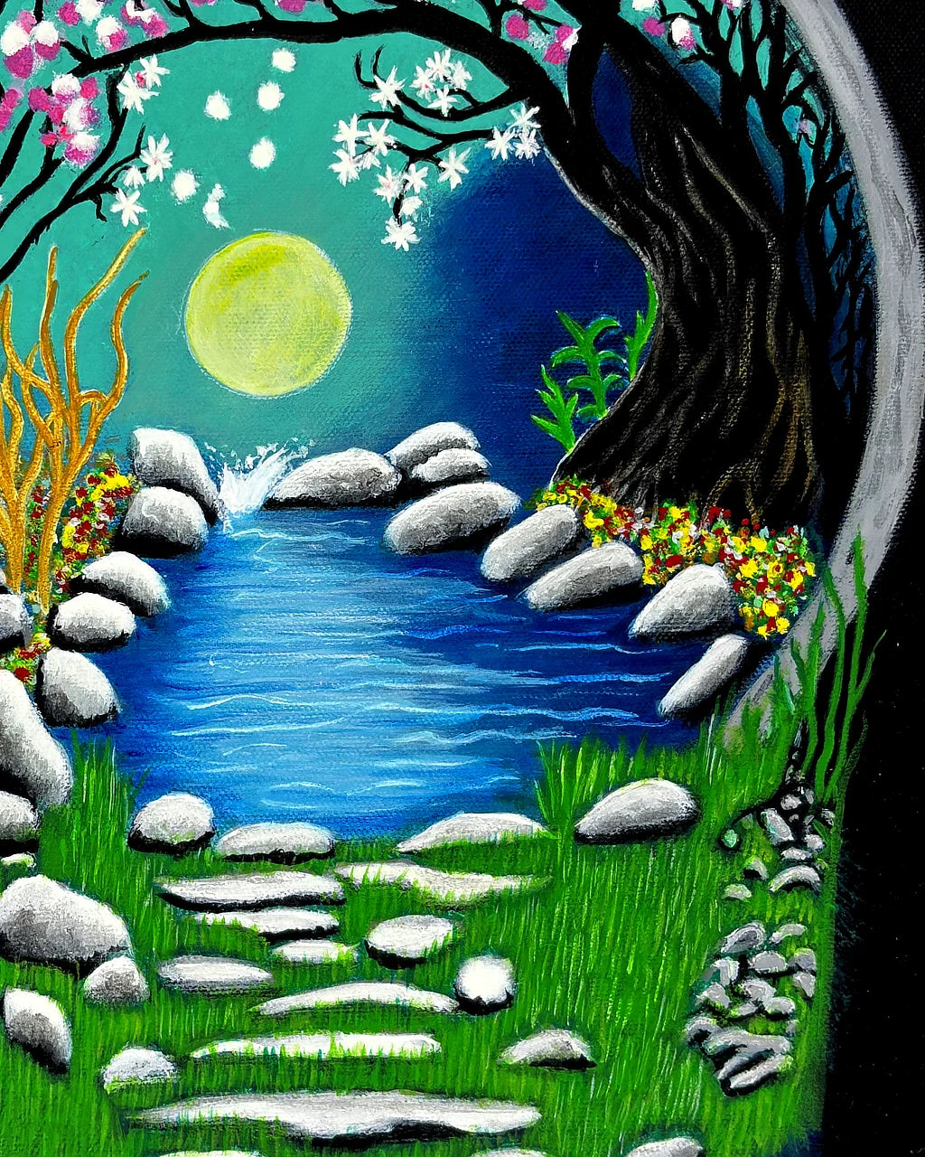 Macro detail of The Secret Crossing BLACK Canvas Originals painting by Sonia Malboeuf, close-up brushwork detail.