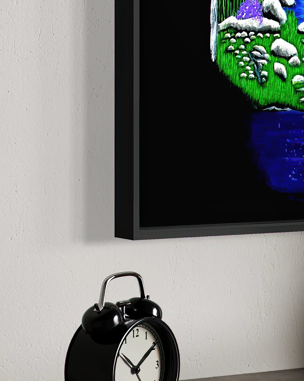 Floating frame corner detail of The Secret Crossing BLACK Canvas Originals painting by Sonia Malboeuf, showing canvas depth and float profile.