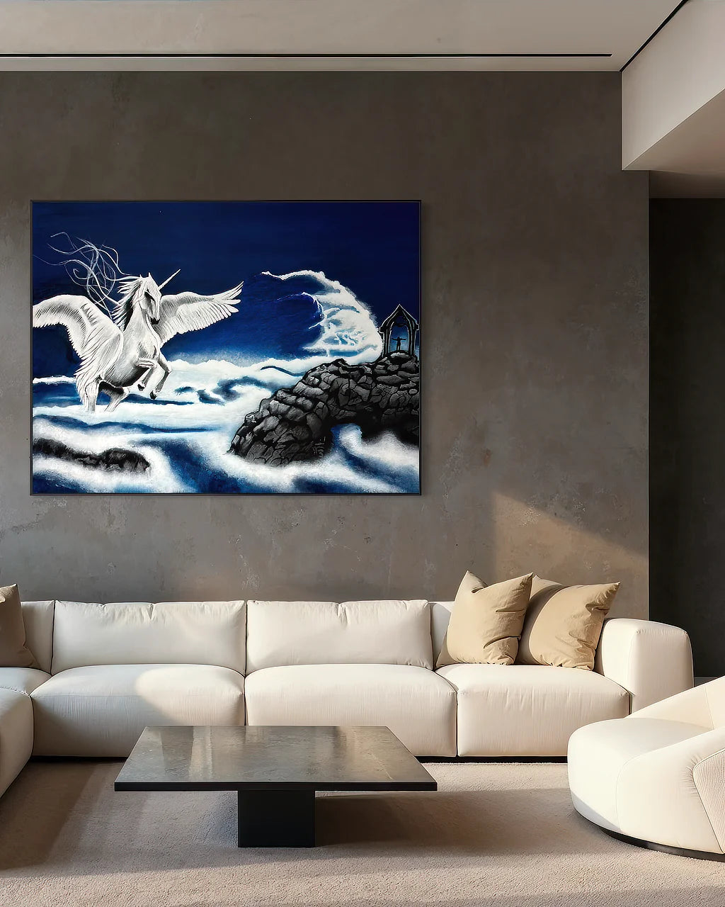 The Unknown isn't Empty Whispering Room Originals art print (54x72 inches), landscape statement print in condo.